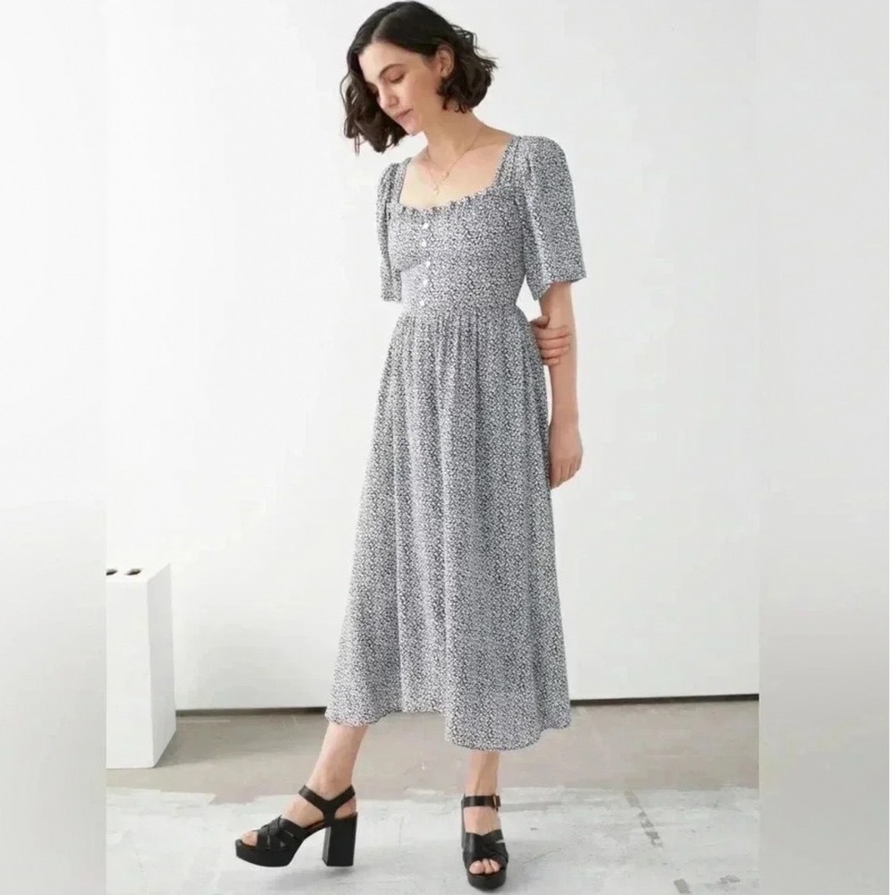 & Other Stories Floral Ditsy Print Square Neck Smocked Midi Dress Black White 4